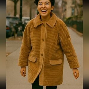 Vintage Amco Tan Wide Whale Corduroy Coat With Sherpa Lined Warm Size M/L